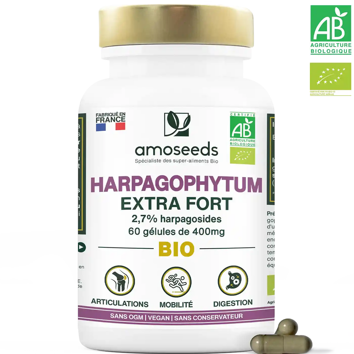 Gelules Harpagophytum Bio amoseeds specialiste des super aliments Bio