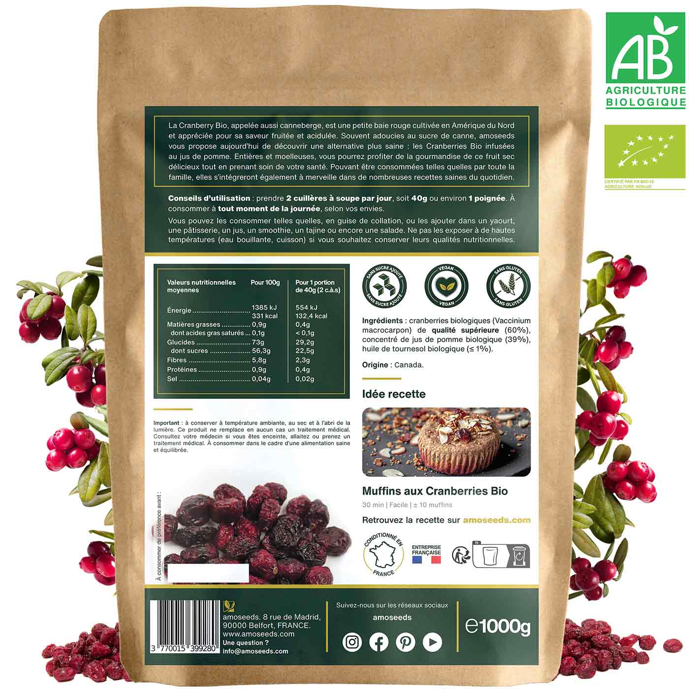 Cranberries Entières Bio 1KG amoseeds specialiste des super aliments Bio