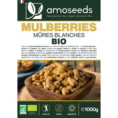 Mulberries Mures Blanches Bio amoseeds specialiste des super aliments Bio.