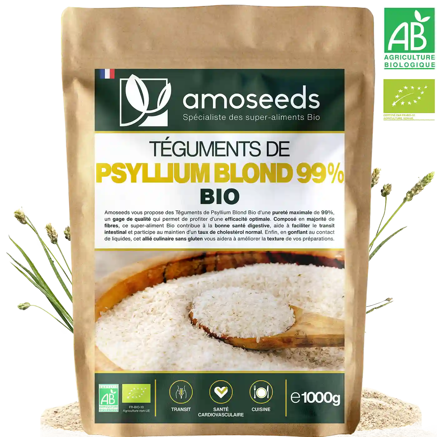 Teguments Psyllium Blond Bio 1KG amoseeds specialiste des super aliments Bio
