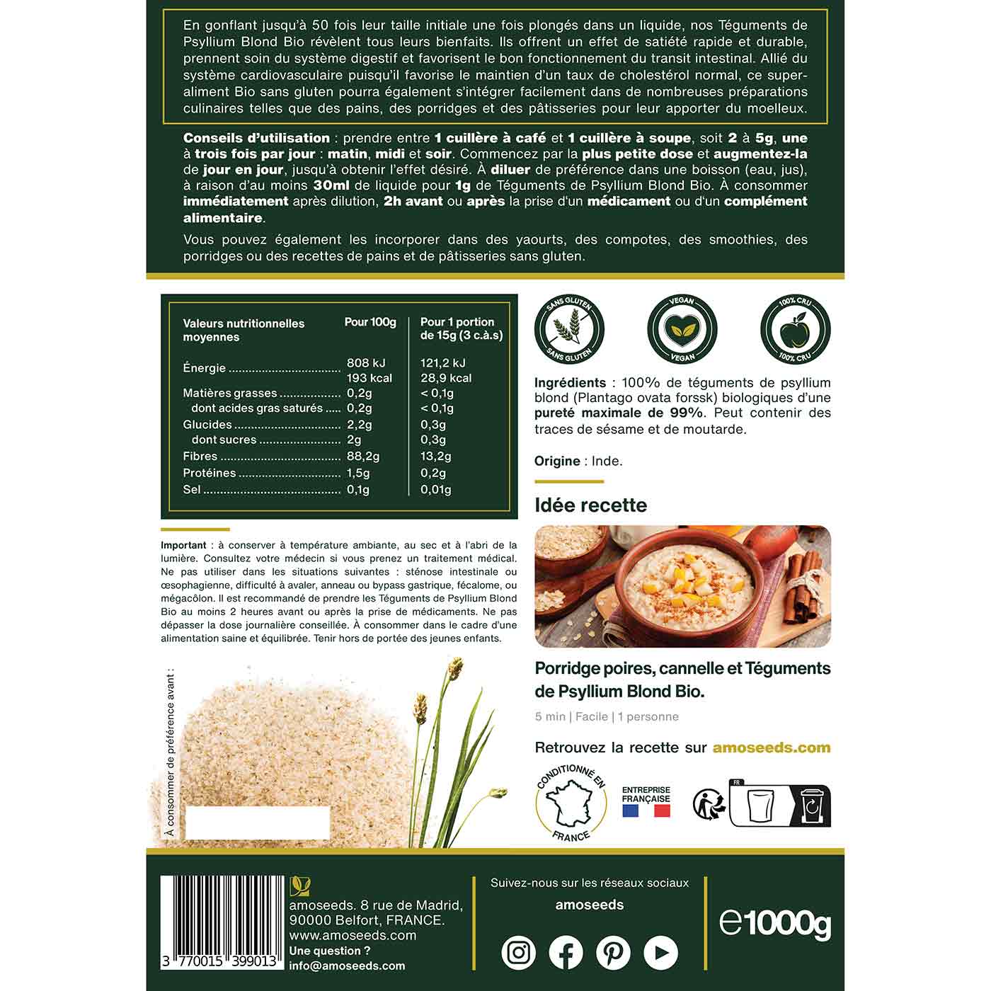 Teguments Psyllium Blond Bio 1KG amoseeds specialiste des super aliments Bio