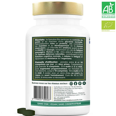 Spiruline Chlorella Bio 400 comprimés 500mg amoseeds specialiste des super aliments Bio