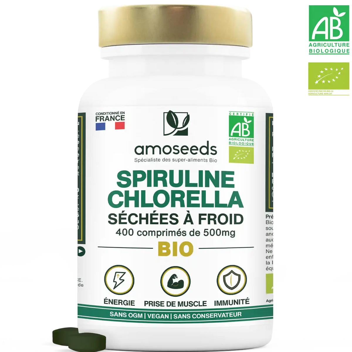 Spiruline Chlorella Bio 400 comprimés 500mg amoseeds specialiste des super aliments Bio