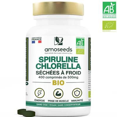 Spiruline Chlorella Bio 400 comprimés 500mg amoseeds specialiste des super aliments Bio