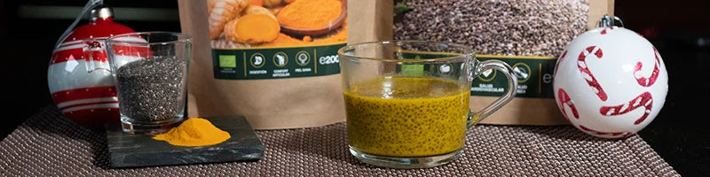 lait or chia curcuma  Amoseeds specialiste des super aliments Bio