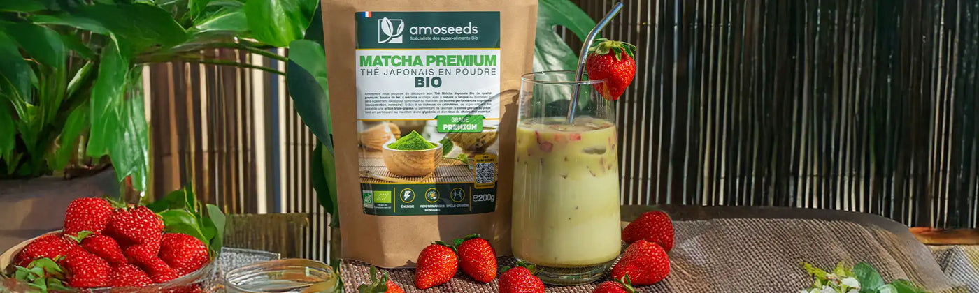 Recette Matcha iced latte fraises Amoseeds specialiste des super aliments Bio