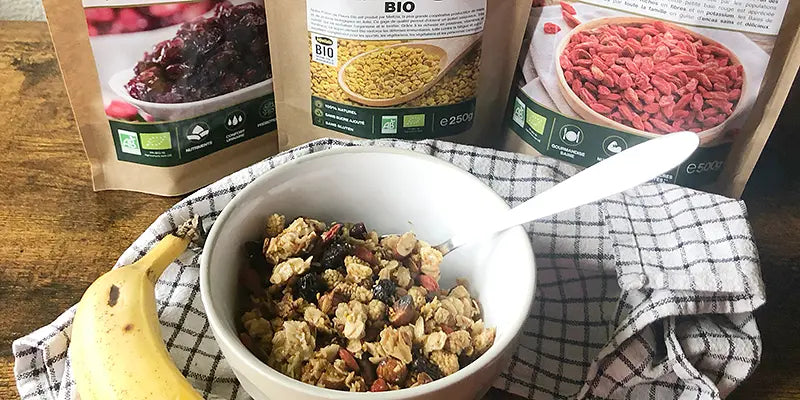 recette granola pollen fleurs cranberries baies goji mulberries bio amoseeds specialiste des super aliments Bio