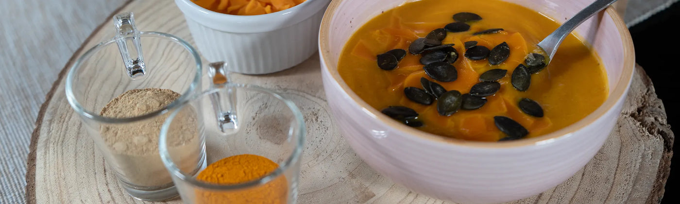 soupe courge carotte coco gingembre curcuma Amoseeds specialiste des super aliments Bio