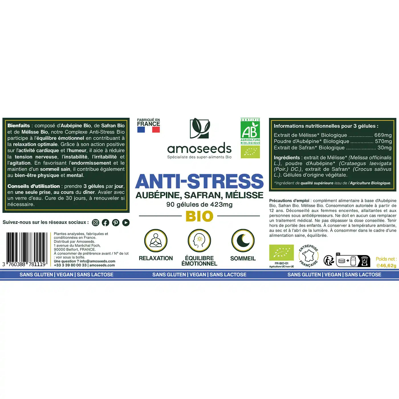 Anti-stress Bio gelules safran melisse aubepine amoseeds specialiste super aliments bio,