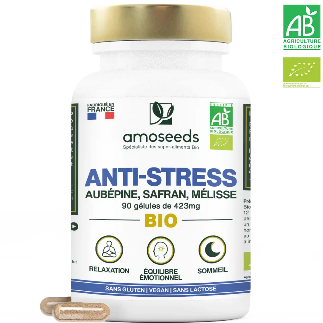 Anti-stress Bio gelules safran melisse aubepine amoseeds specialiste super aliments bio,