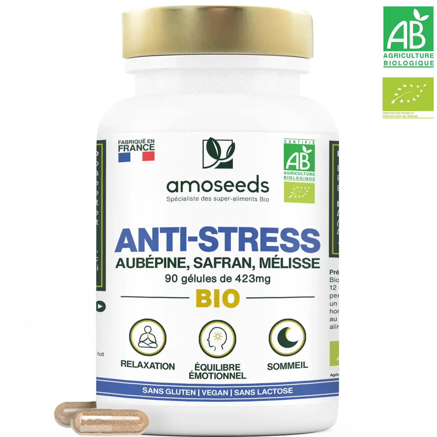 Anti-stress Bio gelules safran melisse aubepine amoseeds specialiste super aliments bio,