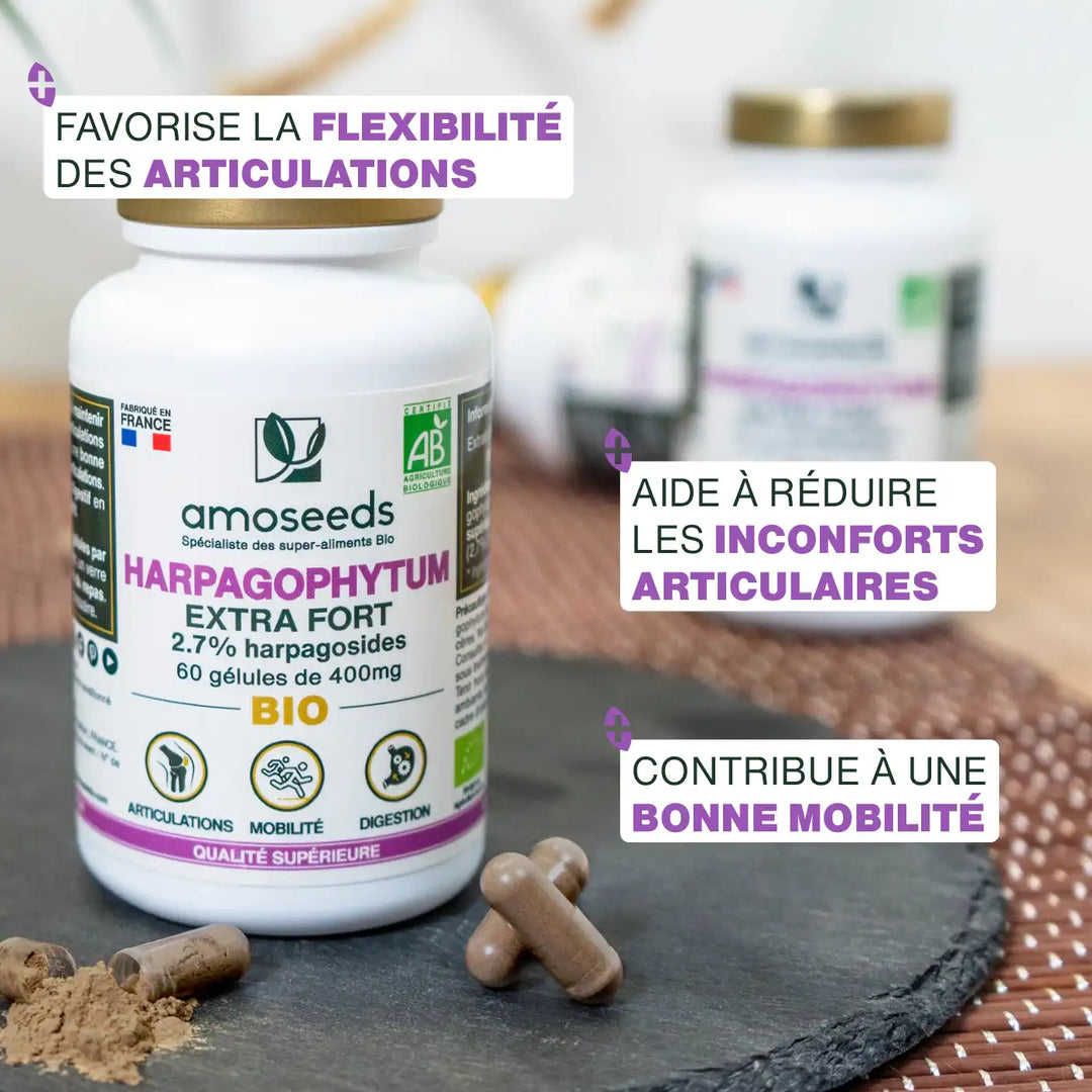 Complément Alimentaire AMOSEEDS Harpagophytum Bio Extra Fort - 60 Gélules - Valable Jusqu'au 01/2028