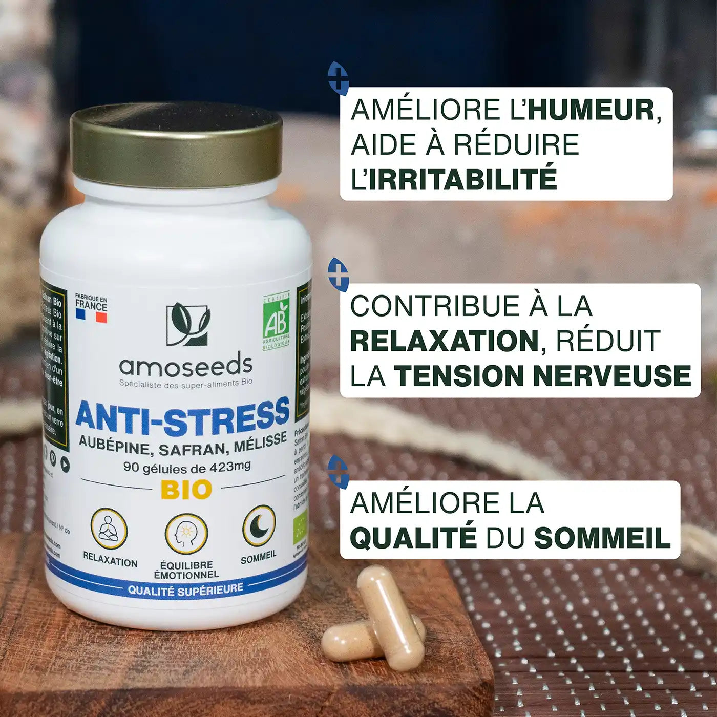 Anti-stress Bio gelules safran melisse aubepine amoseeds specialiste super aliments bio.