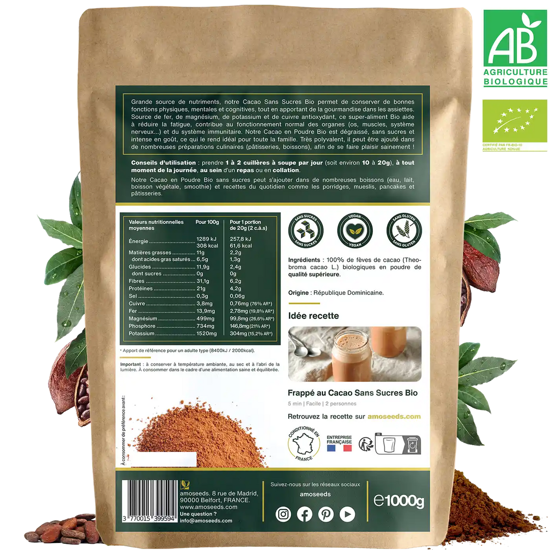 Cacao Sans Sucre en Poudre Bio 1kg – amoseeds