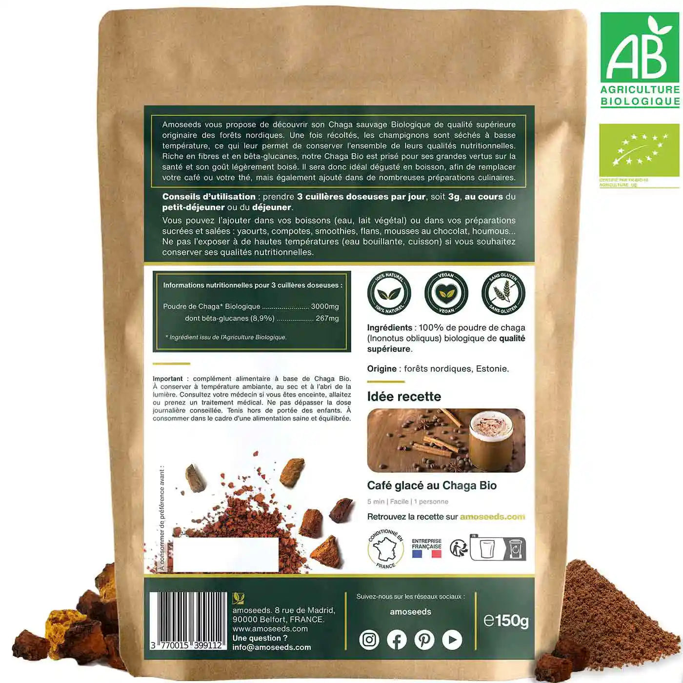 Poudre de Chaga Bio 150G amoseeds specialiste des super aliments Bio