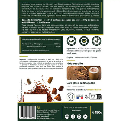 Poudre de Chaga Bio 150G amoseeds specialiste des super aliments Bio