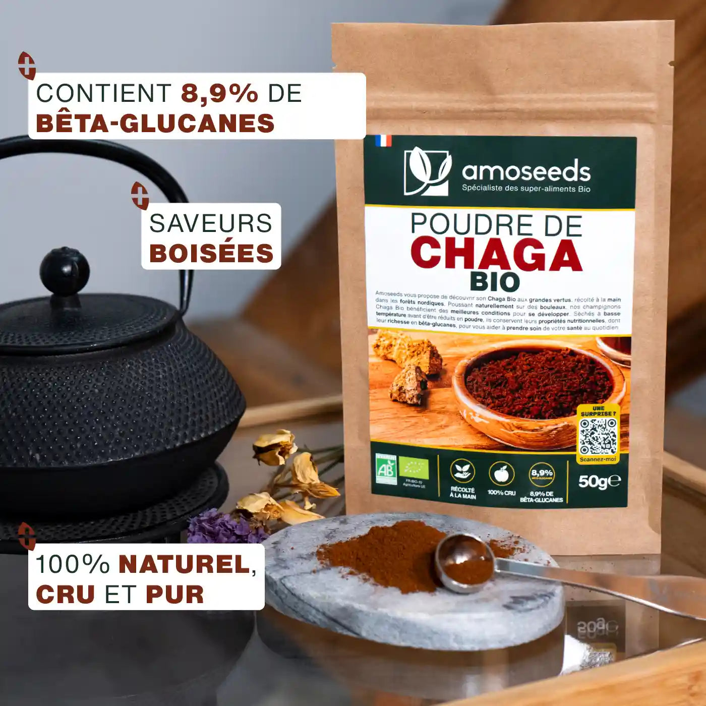 Poudre de Chaga Bio 50G amoseeds specialiste des super aliments Bio