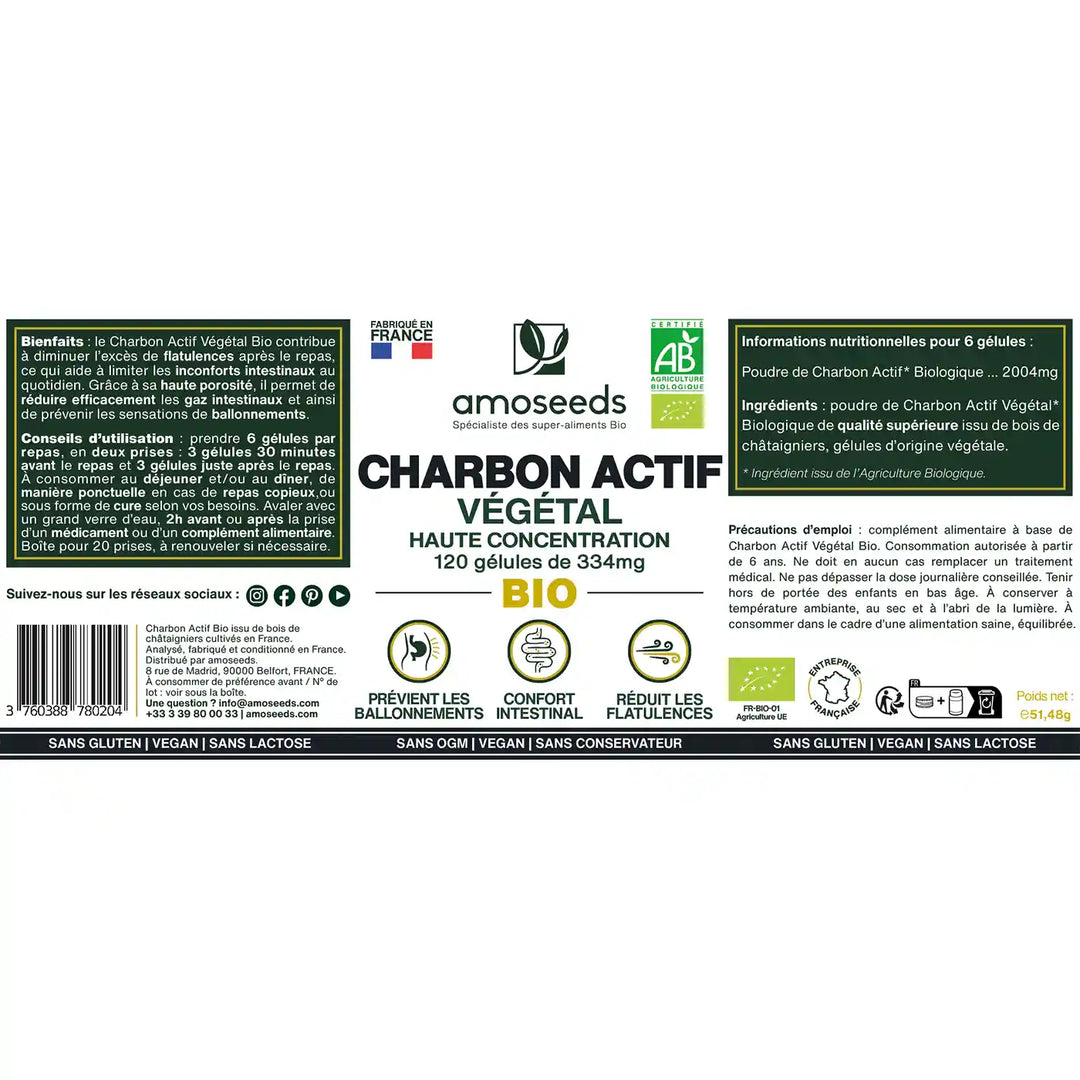 Charbon Actif Végétal Bio, 120 gélules