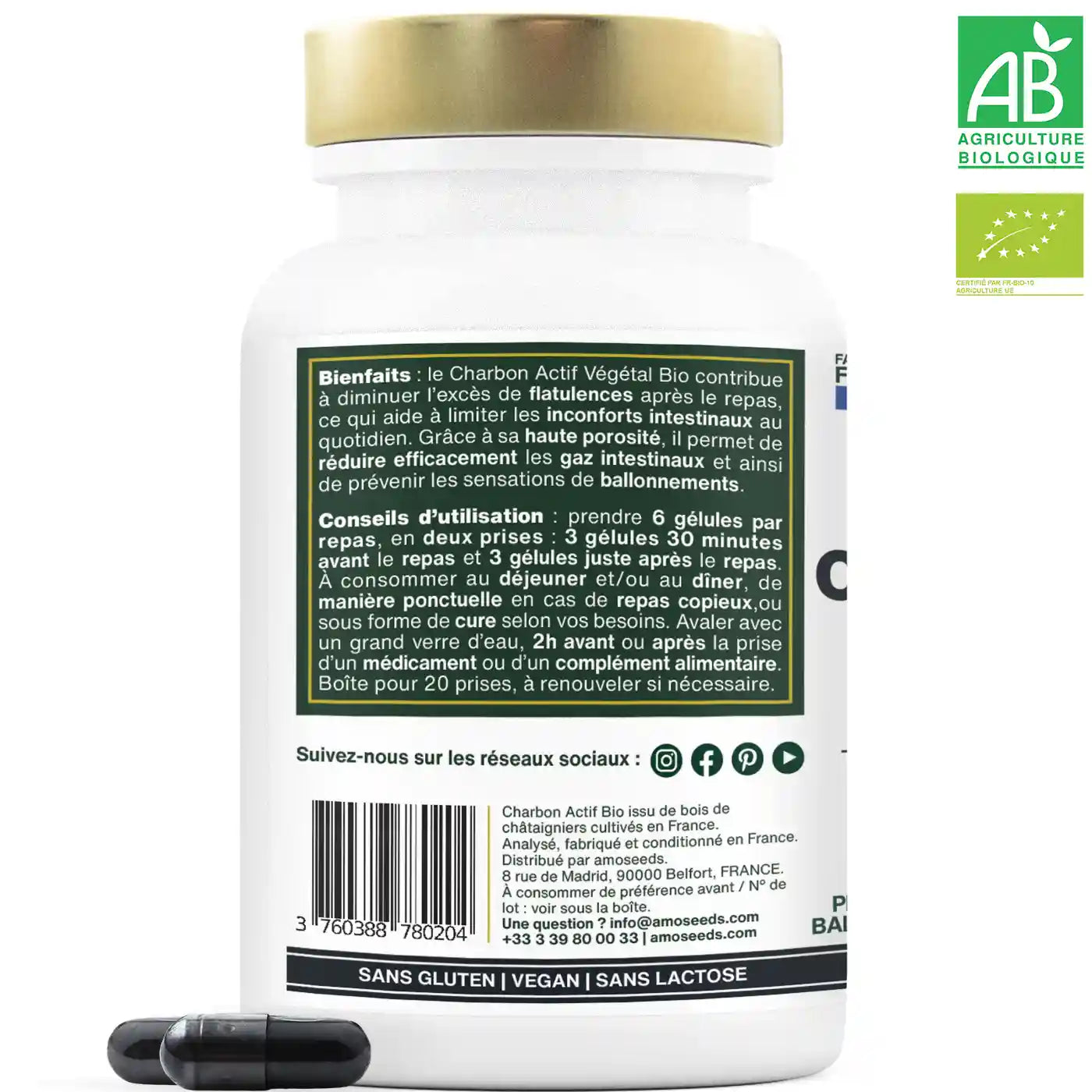 Charbon actif vegetal bio gelules  amoseeds specialiste des super aliments bio