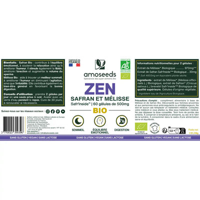 Complexe Zen Bio Melisse Safran gelules amoseeds specialiste des super aliments bio