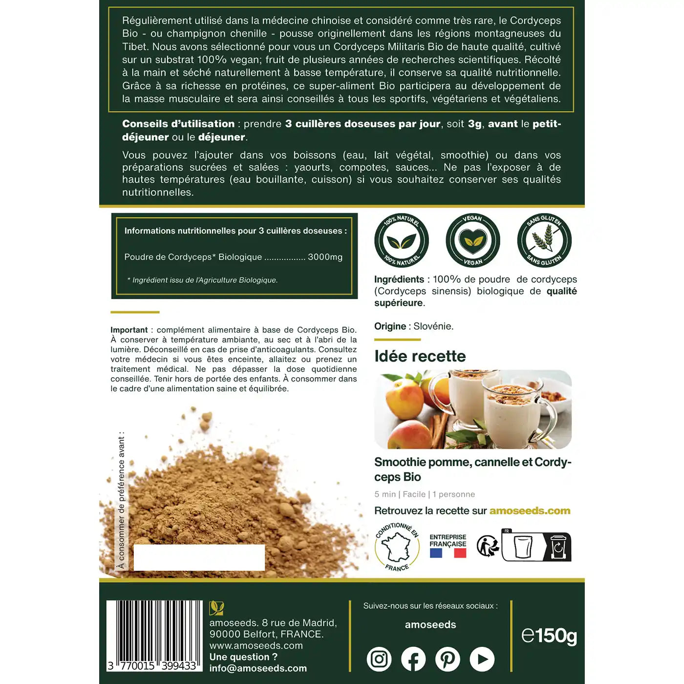 Cordyceps en Poudre bio 150G amoseeds specialiste des super aliments Bio