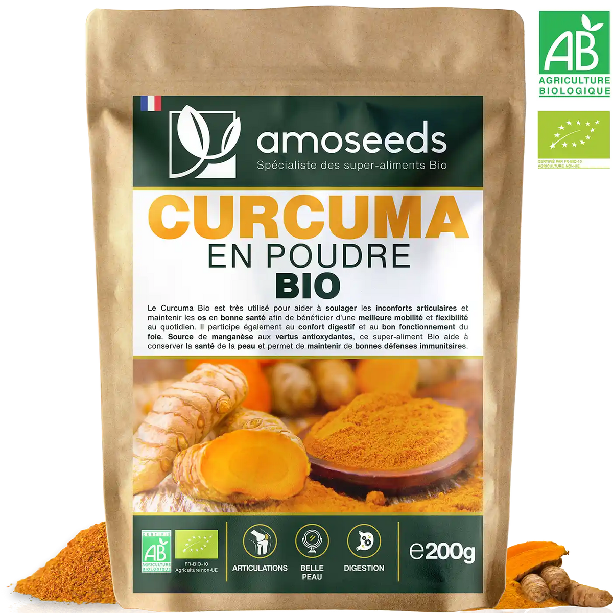 Curcuma poudre bio 200G amoseeds specialiste des super aliments bio