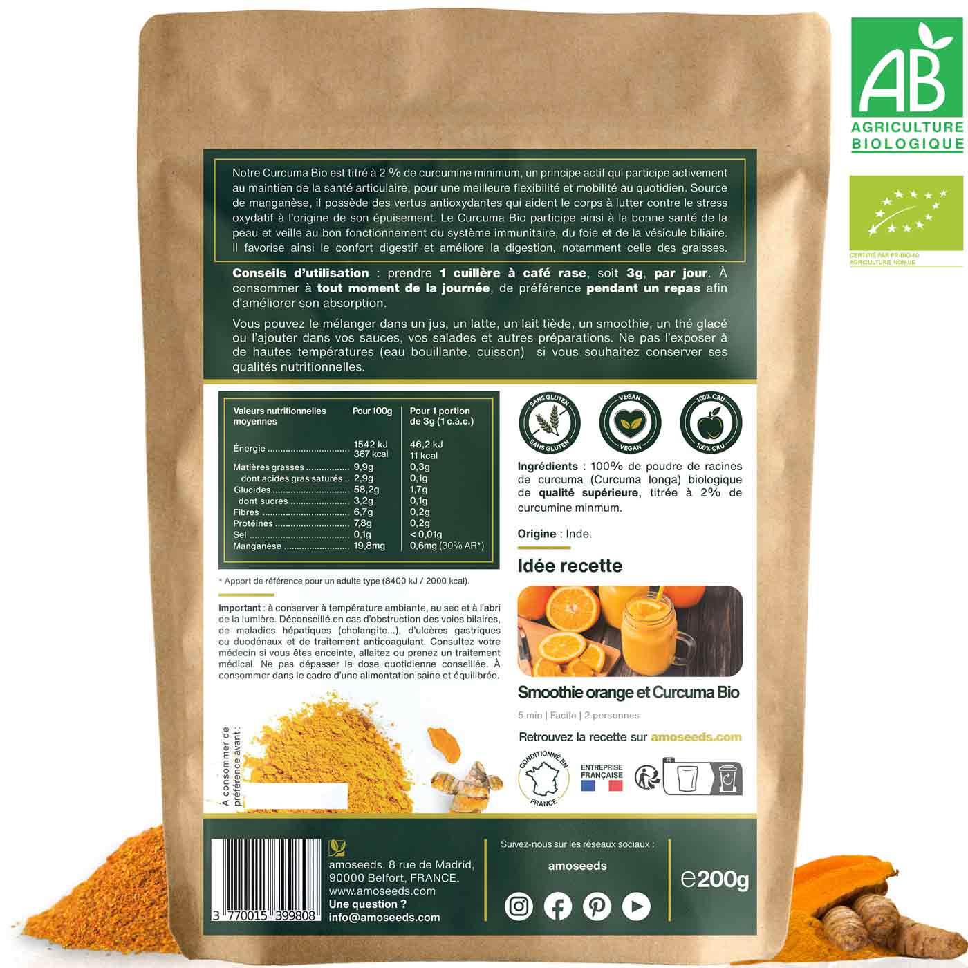 Curcuma poudre bio 200G amoseeds specialiste des super aliments bio