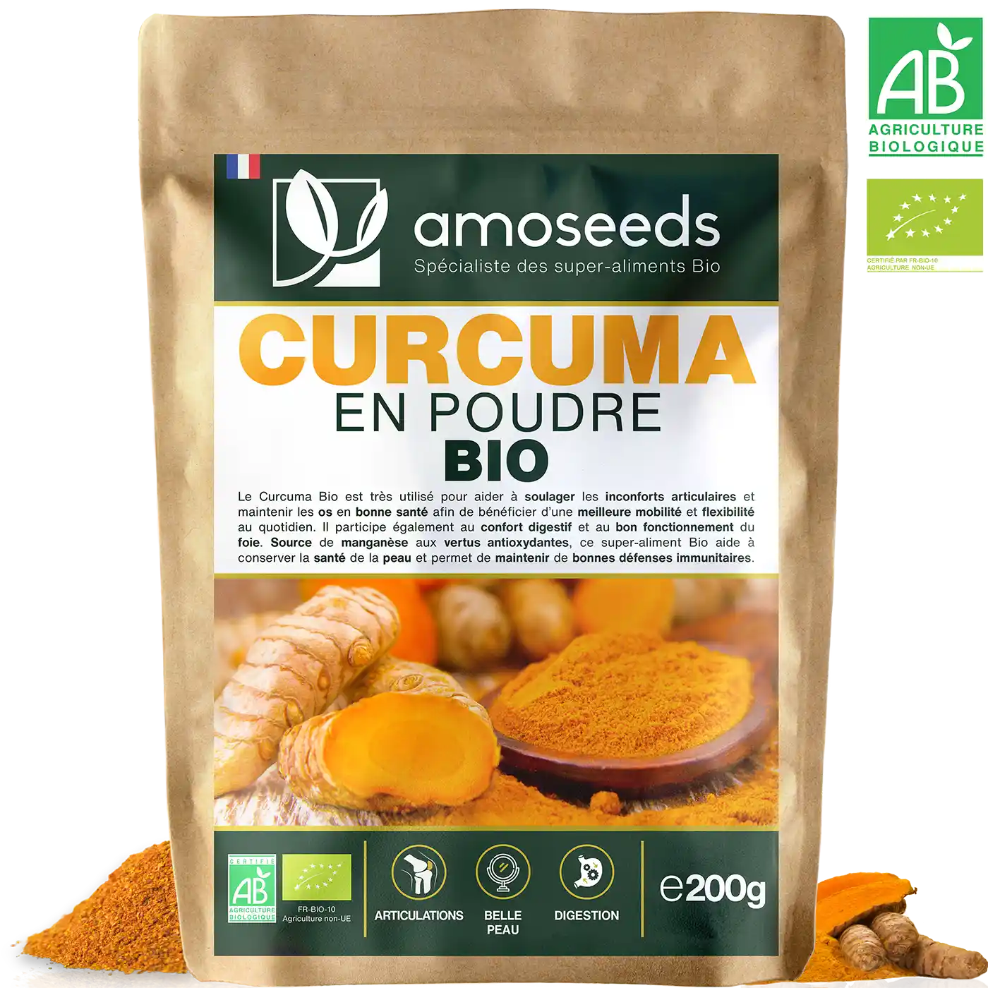 Curcuma poudre bio 200G amoseeds specialiste des super aliments bio