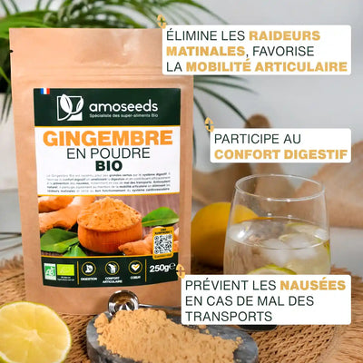 Bienfaits
 Gingembre en poudre Bio - amoseeds specialiste des super aliments bio