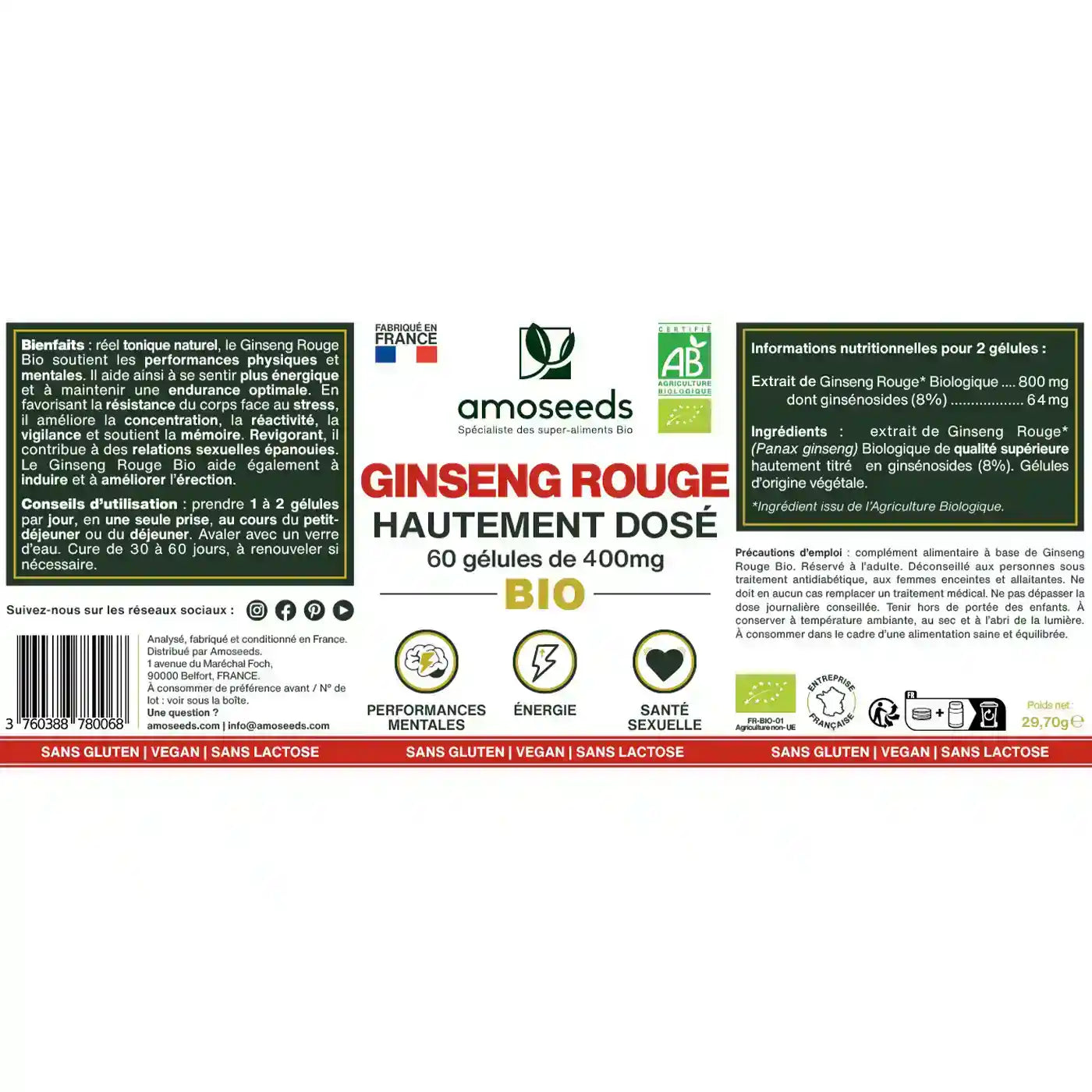 Ginseng Rouge Bio, Hautement Dosé | 60 gélules