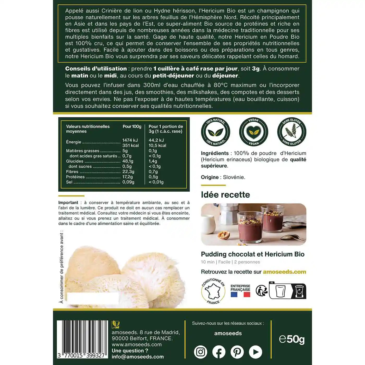 Hericium Poudre Bio - amoseeds specialiste des super aliments bio