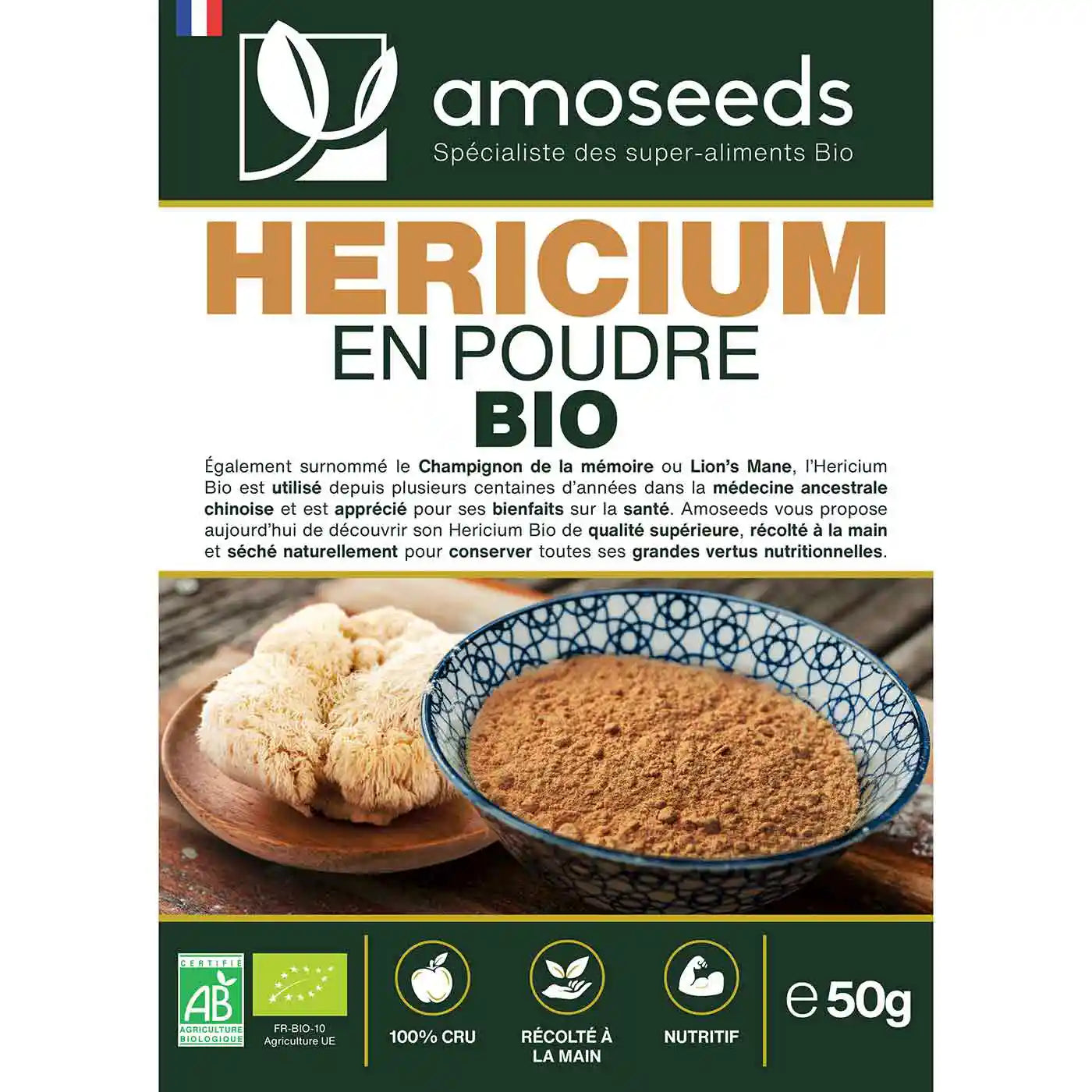 Hericium Poudre Bio - amoseeds specialiste des super aliments bio