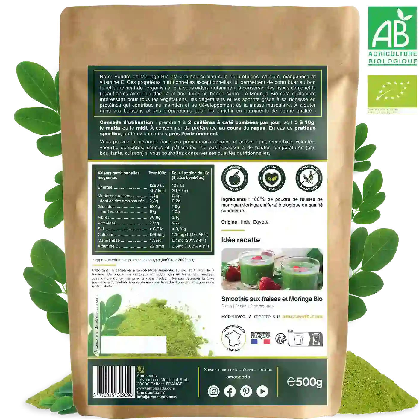 Moringa 500g Bio - amoseeds specialiste des super aliments bio