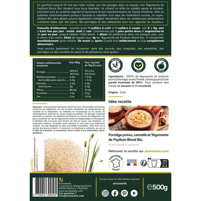 Psyllium Blond Bio 500G amoseeds specialiste des super aliments bio;,