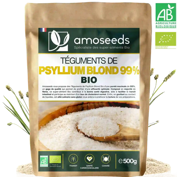Psyllium Blond Bio 500G amoseeds specialiste des super aliments bio;,