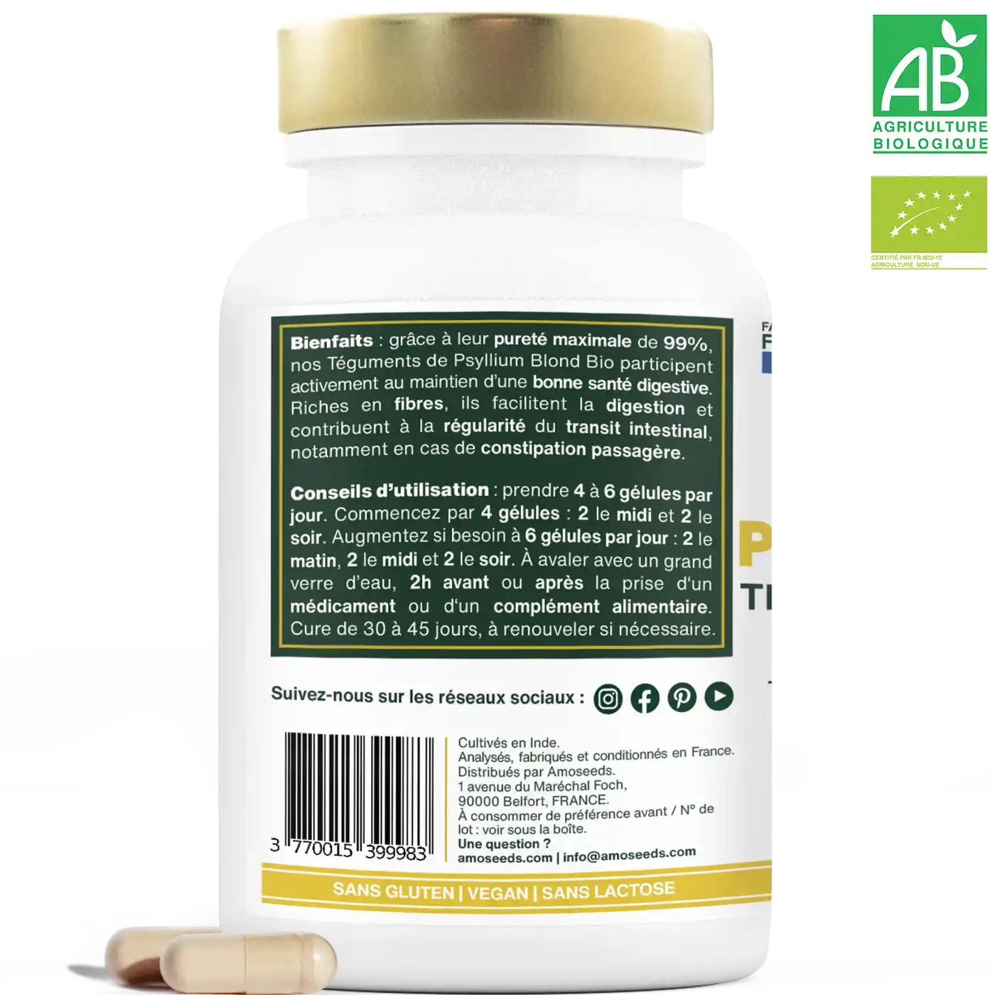 Psyllium Blond Bio gelules amoseeds specialiste des super aliments bio ;
