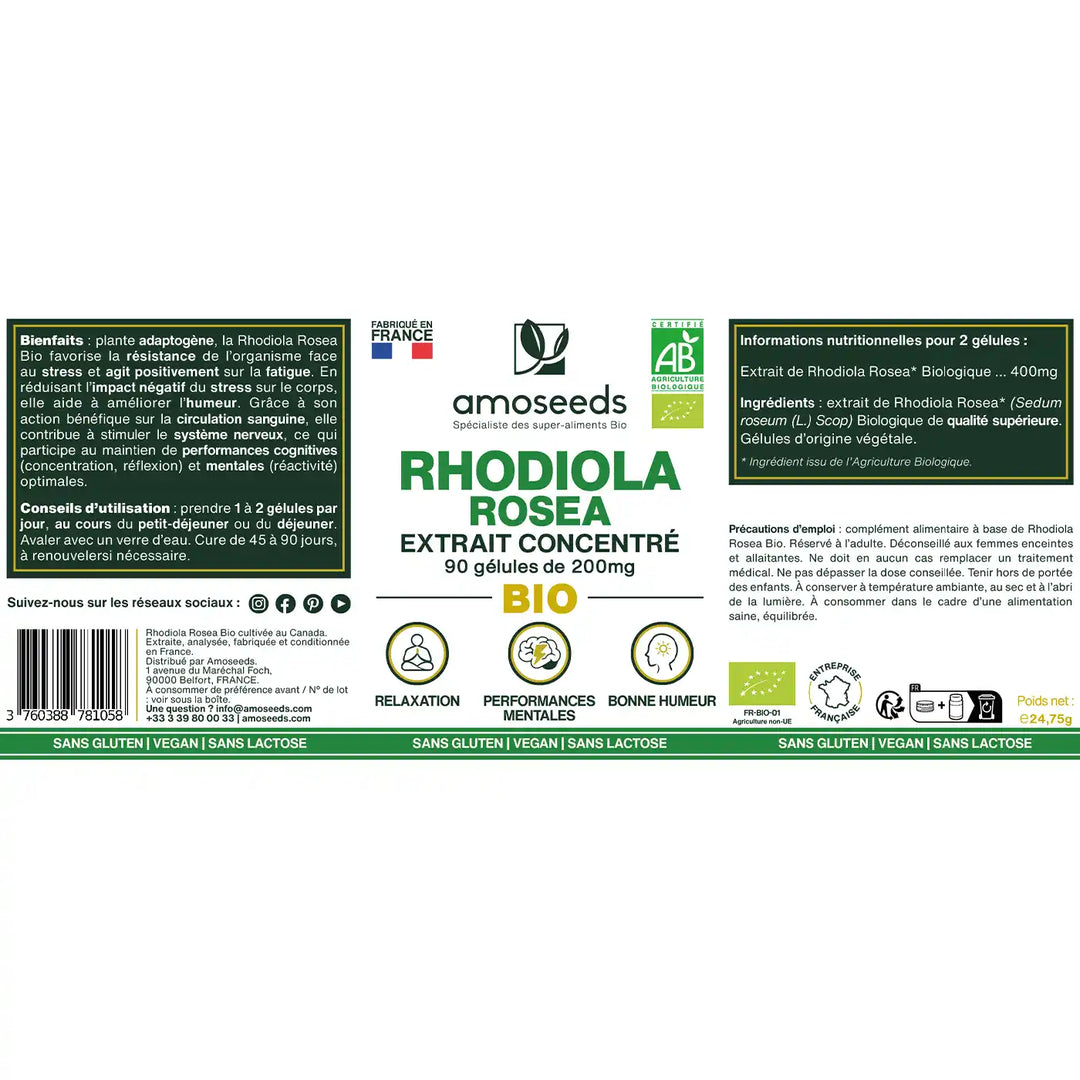 Complément Alimentaire Haya Labs Rhodiola Rosea 500 Mg - Boîte De 90 Gélules