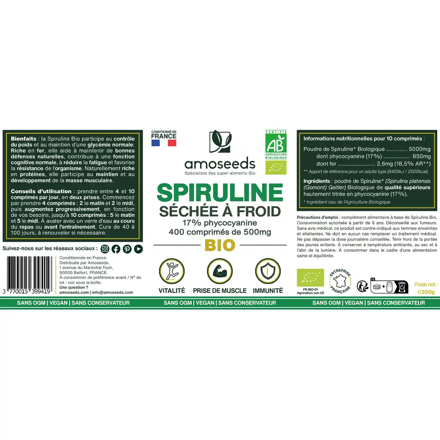 Spiruline Bio comprimes amoseeds specialiste des super aliments bio