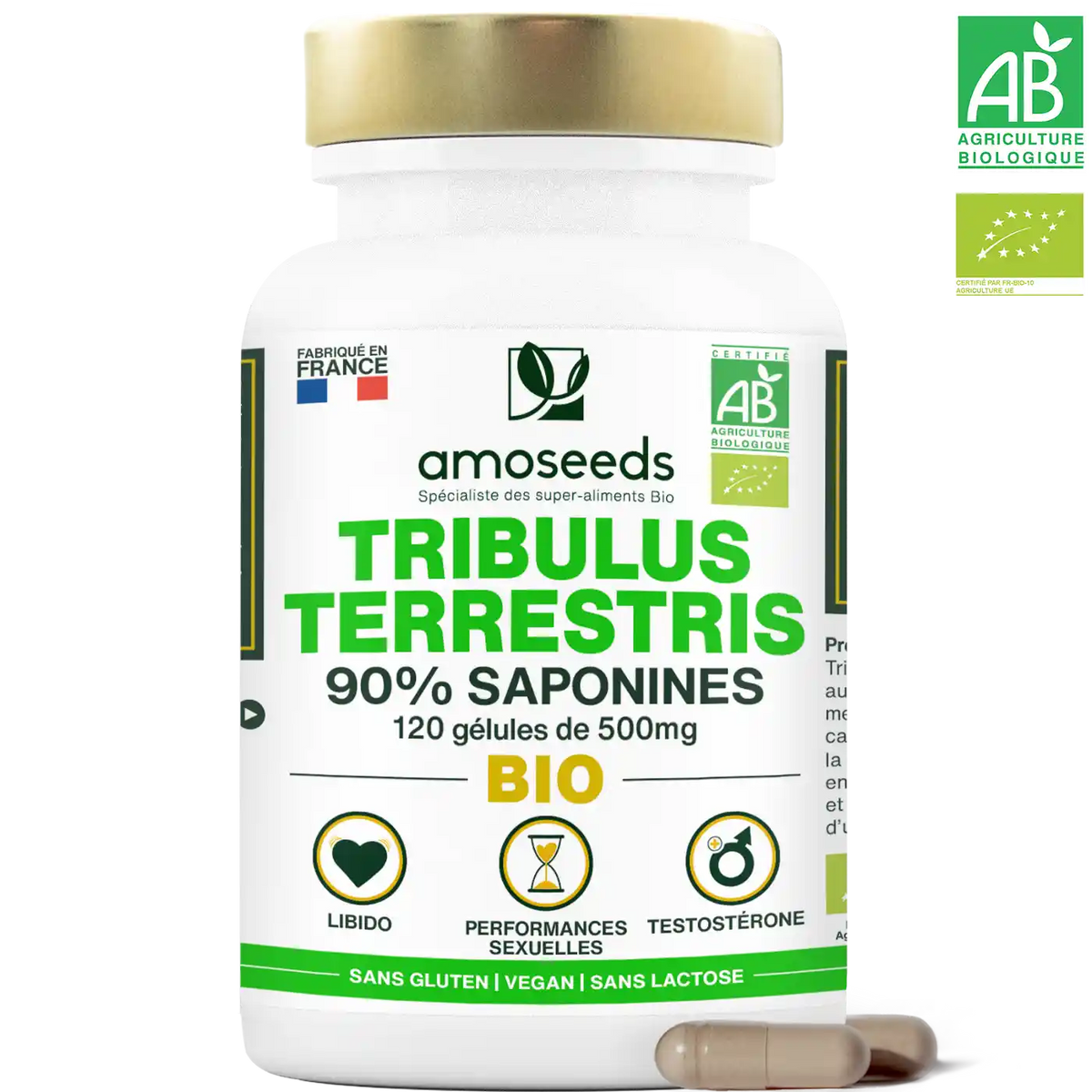 Tribulus Terrestris en gelules Bio - Libido, performances sexuelles, testosterone - Amoseeds super-aliments Bio
