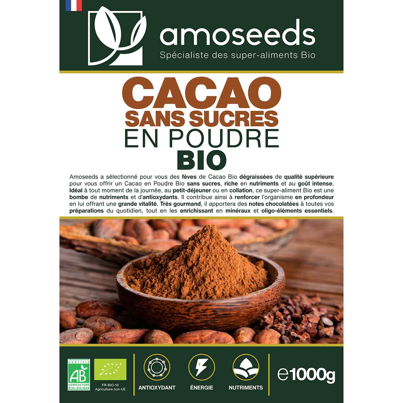 Cacao sans sucre en poudre Bio amoseeds specialiste des super aliments bio,