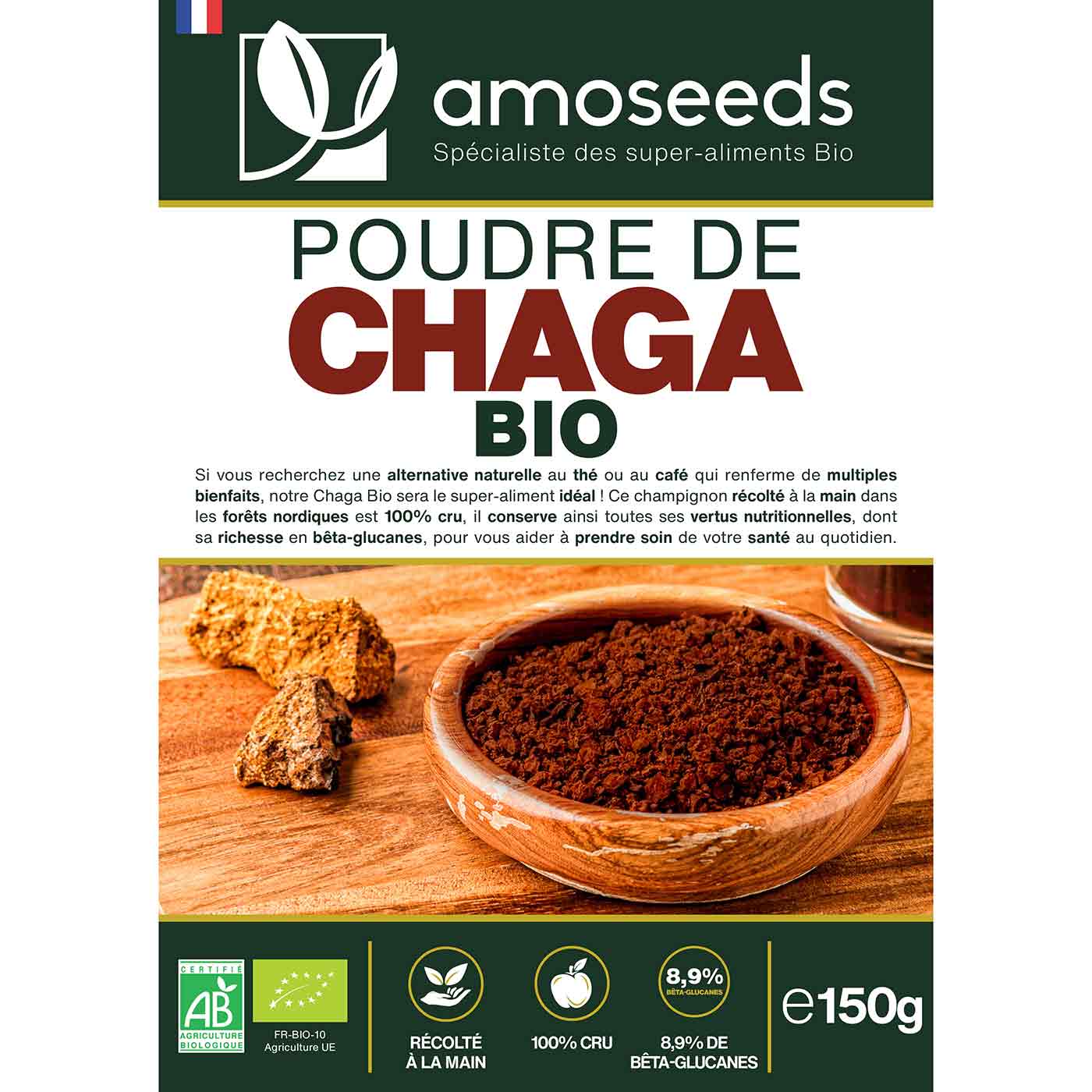 Poudre de Chaga Bio 150G amoseeds specialiste des super aliments Bio