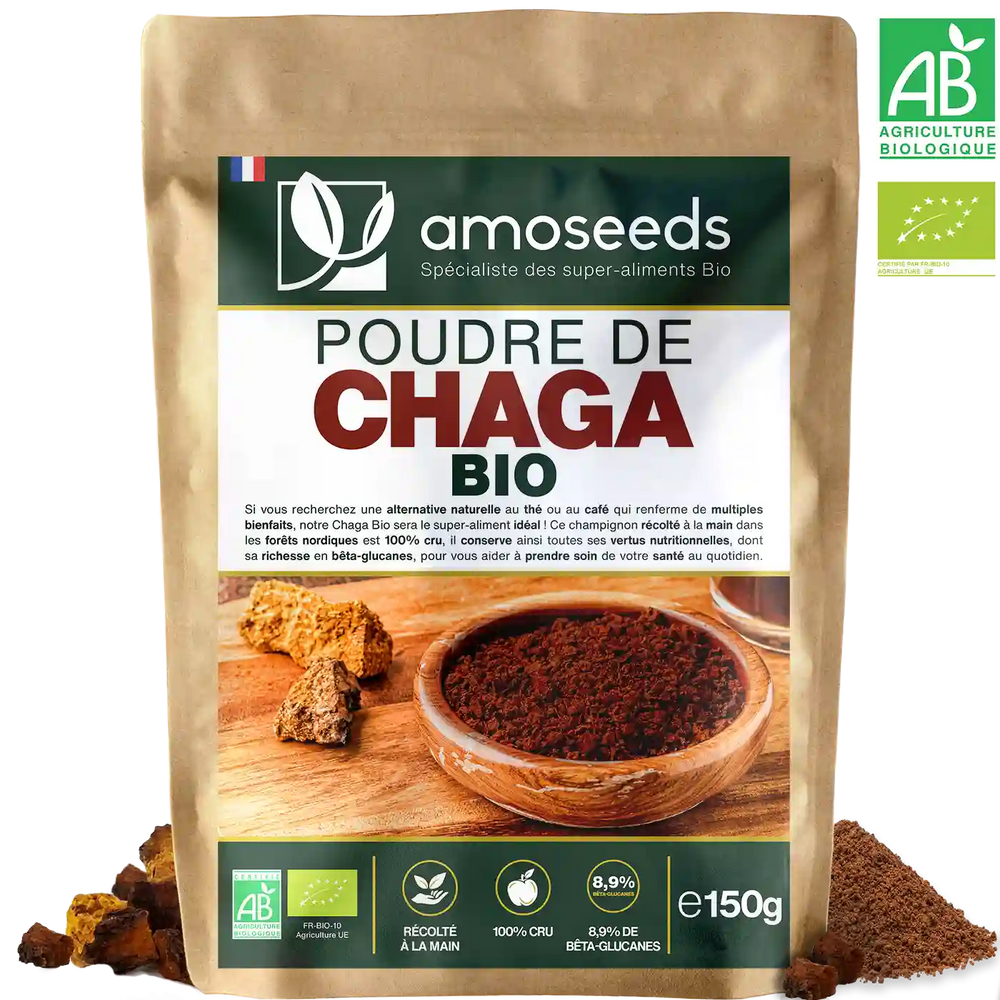 Poudre de Chaga Bio 150G amoseeds specialiste des super aliments Bio