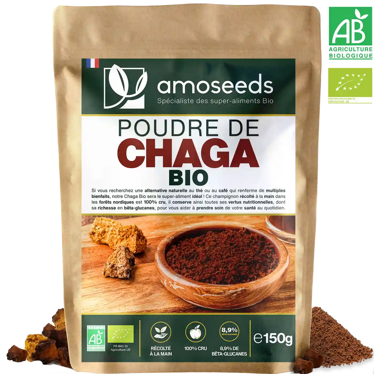 Poudre de Chaga Bio 150G amoseeds specialiste des super aliments Bio