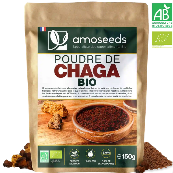 Poudre de Chaga Bio 150G amoseeds specialiste des super aliments Bio