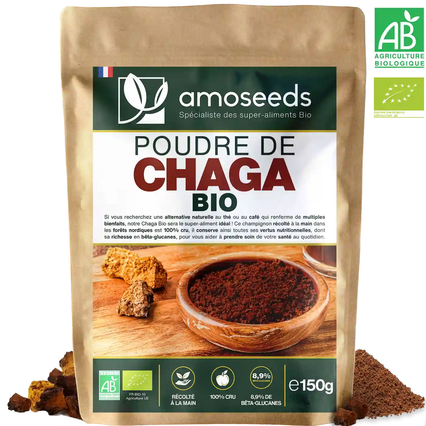 Poudre de Chaga Bio 150G amoseeds specialiste des super aliments Bio