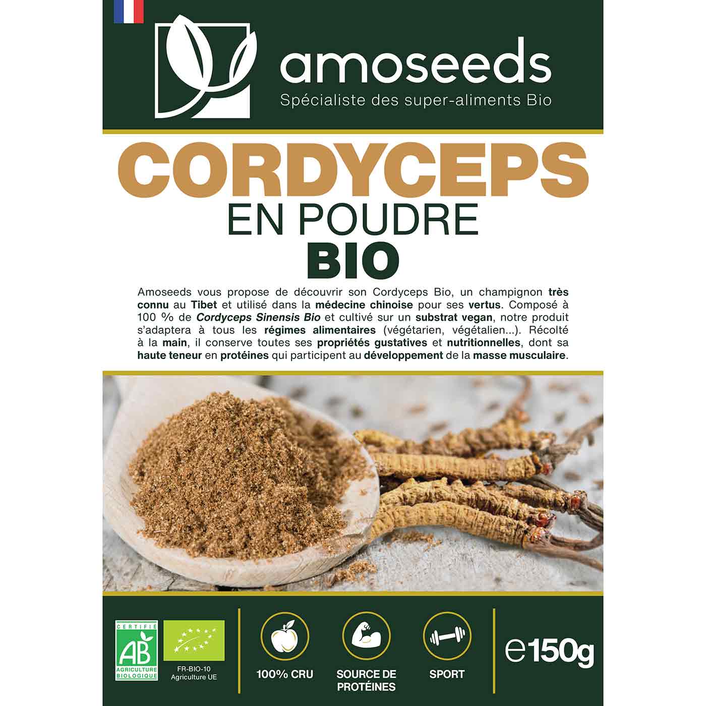 Cordyceps en Poudre Bio 150G amoseeds specialiste des super aliments Bio