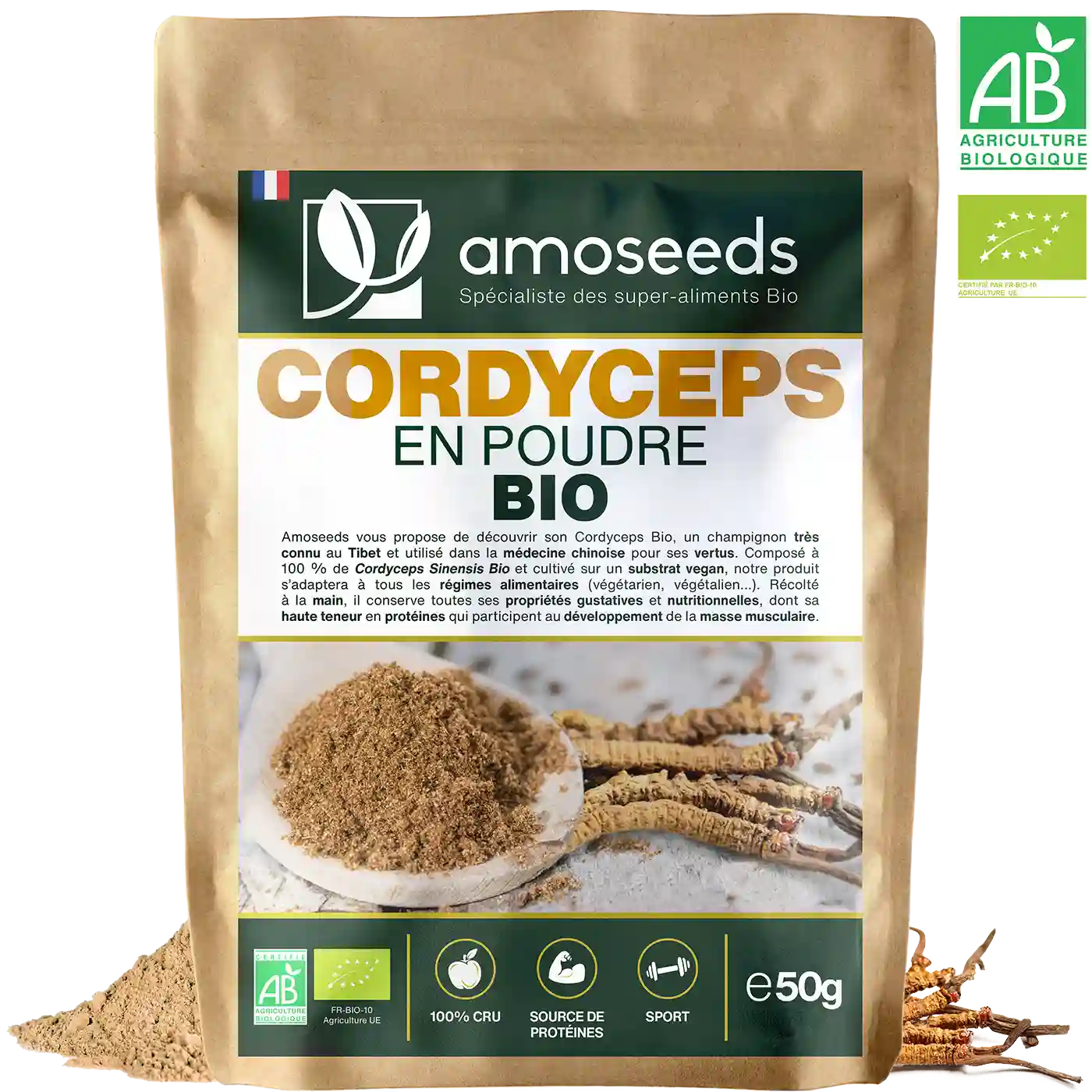 Cordyceps en Poudre Bio 50G amoseeds specialiste des super aliments Bio
