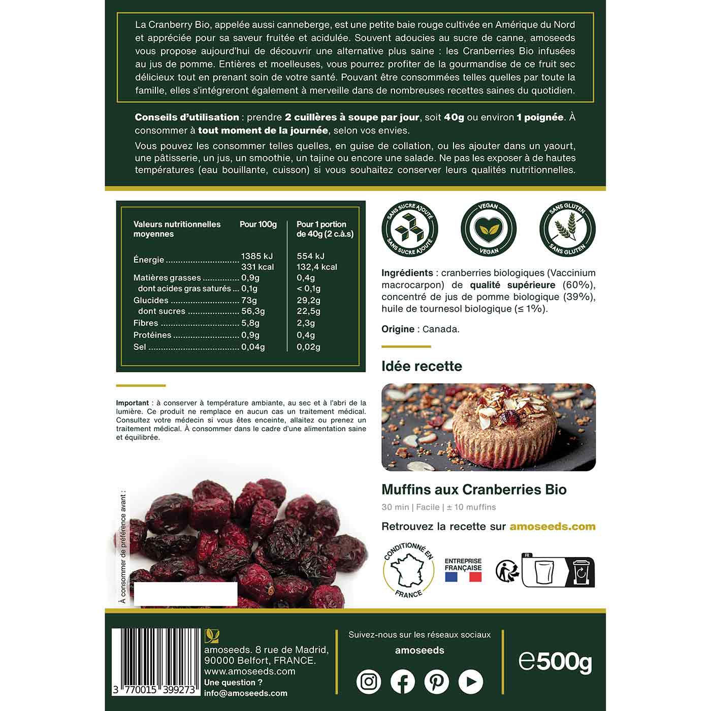 Cranberries Entières Bio 500G amoseeds specialiste des super aliments Bio