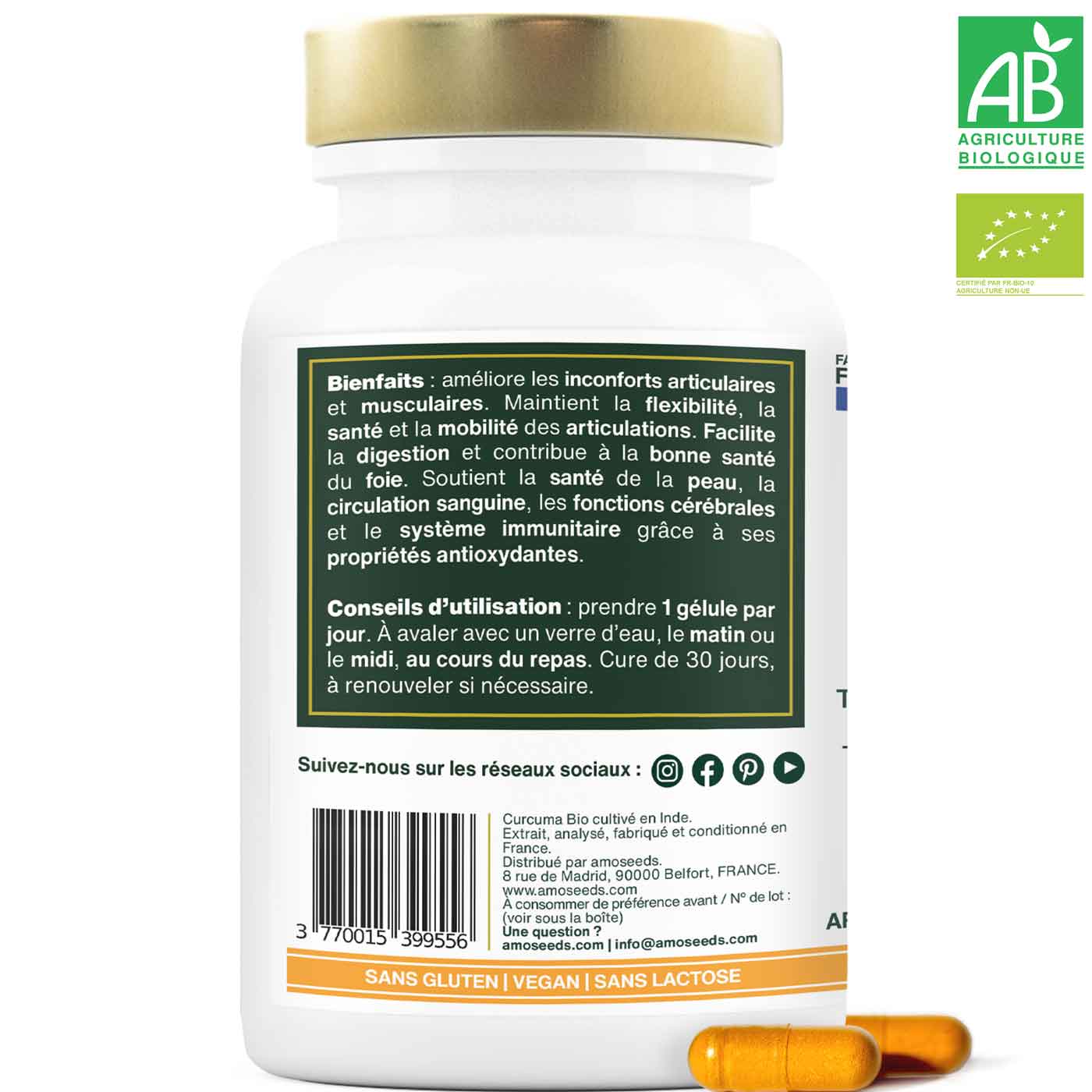 Gelules Curcuma Bio haute absorption amoseeds specialiste des super aliments Bio