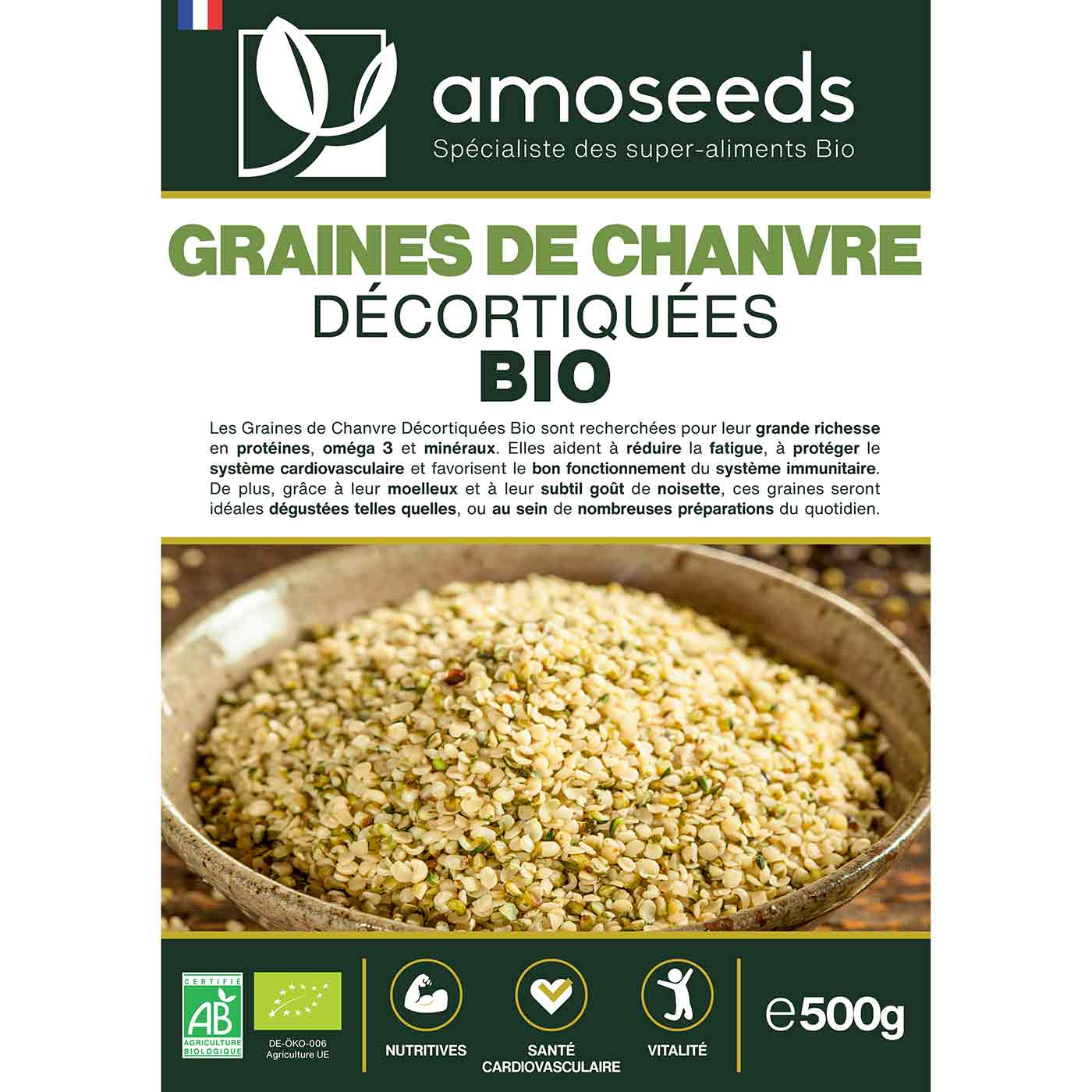 Graines de chanvre decortiquees Bio amoseeds specialiste des super aliments Bio